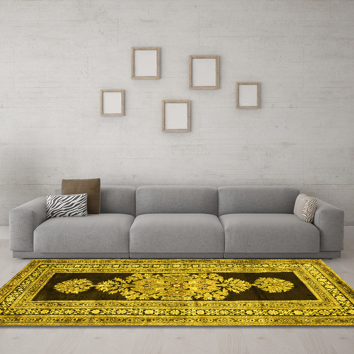 Machine Washable Abstract Yellow Contemporary Rug in a Living Room, wshcon1868yw