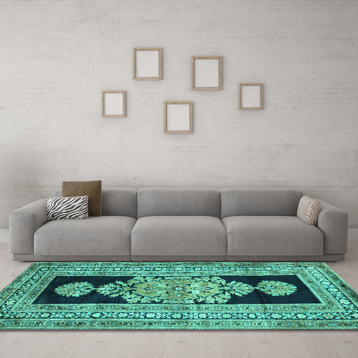 Machine Washable Abstract Turquoise Contemporary Area Rugs in a Living Room,, wshcon1868turq