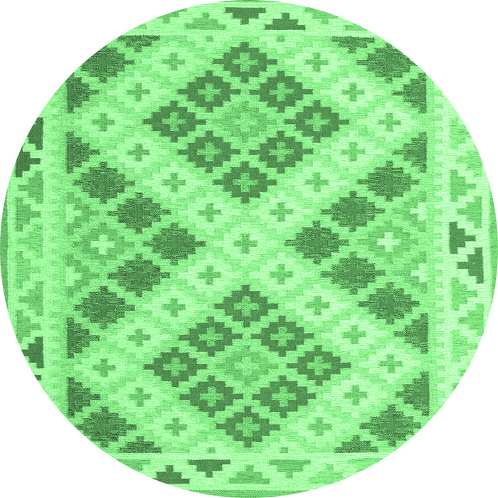 Round Machine Washable Southwestern Emerald Green Country Area Rugs, wshcon1873emgrn