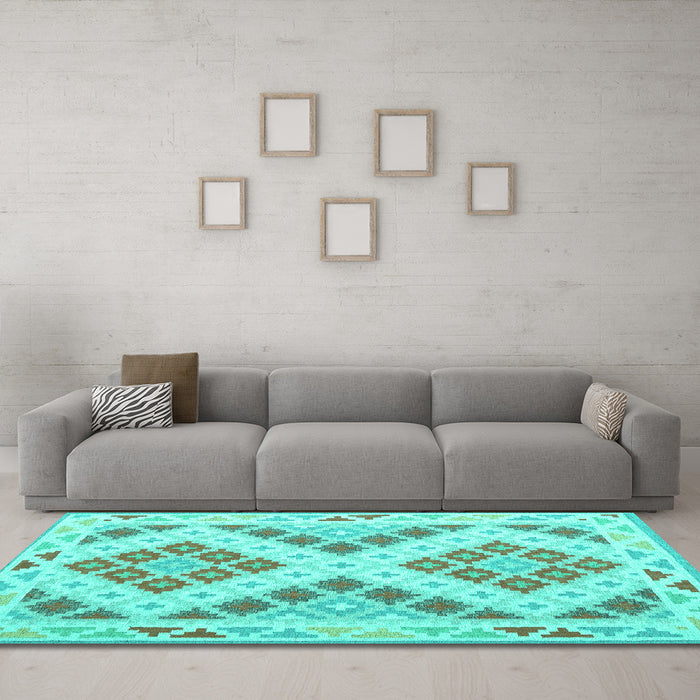 Machine Washable Southwestern Turquoise Country Area Rugs in a Living Room,, wshcon1873turq