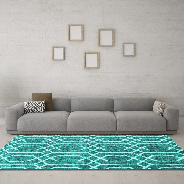 Machine Washable Abstract Turquoise Contemporary Area Rugs in a Living Room,, wshcon1875turq