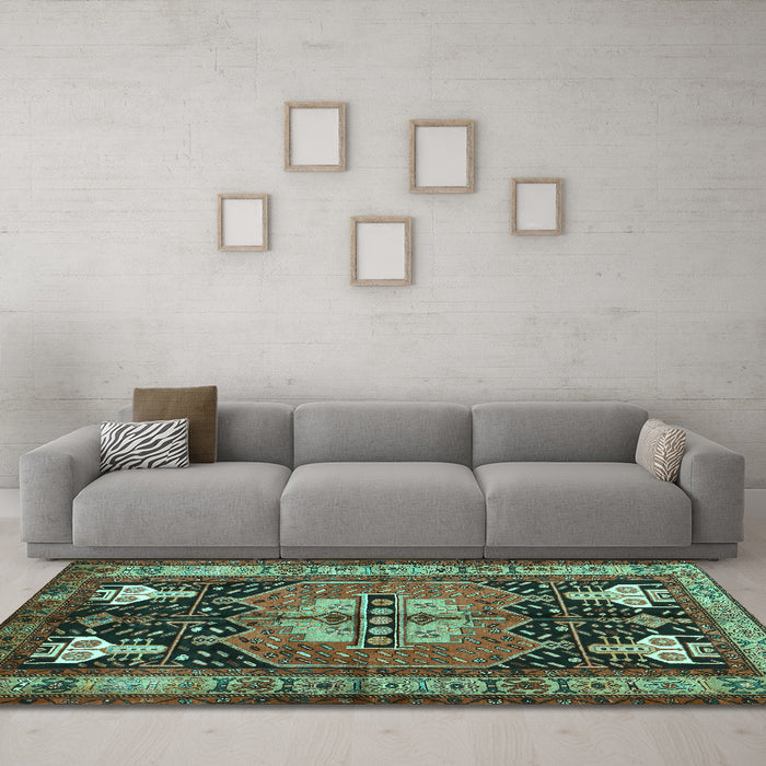 Machine Washable Abstract Turquoise Contemporary Area Rugs in a Living Room,, wshcon1878turq