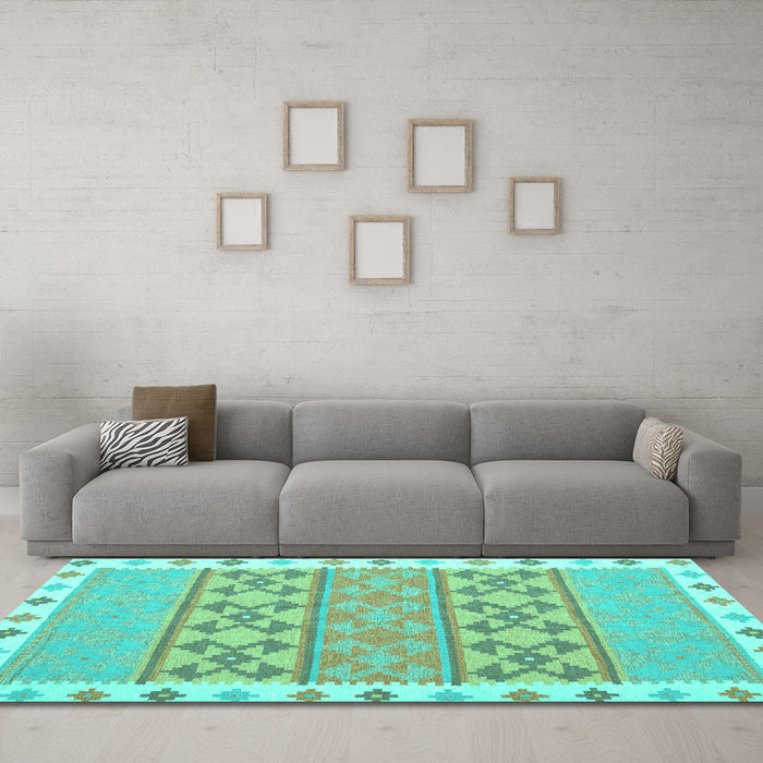 Machine Washable Abstract Turquoise Contemporary Area Rugs in a Living Room,, wshcon1883turq