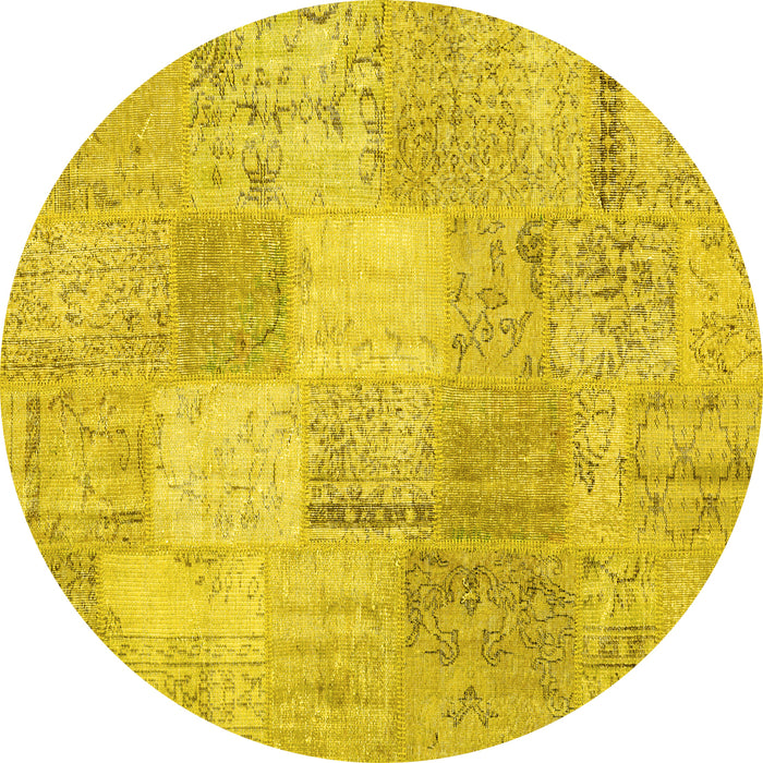 Round Machine Washable Patchwork Yellow Transitional Rug, wshcon1889yw