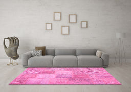 Machine Washable Patchwork Pink Transitional Rug in a Living Room, wshcon1889pnk