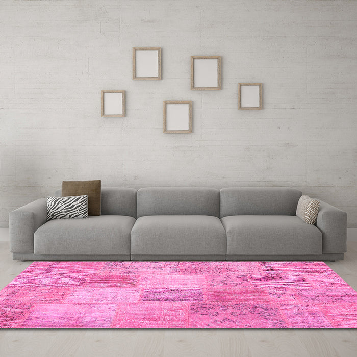 Machine Washable Patchwork Pink Transitional Rug in a Living Room, wshcon1889pnk