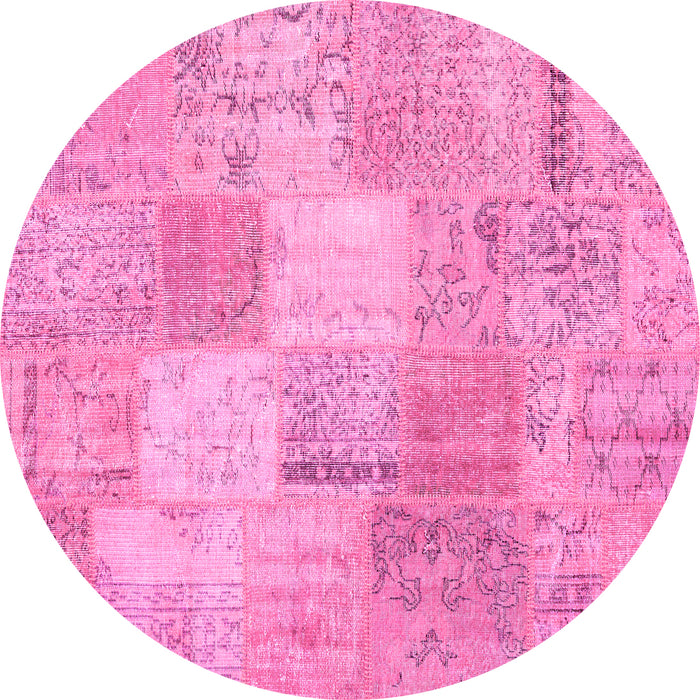 Round Machine Washable Patchwork Pink Transitional Rug, wshcon1889pnk
