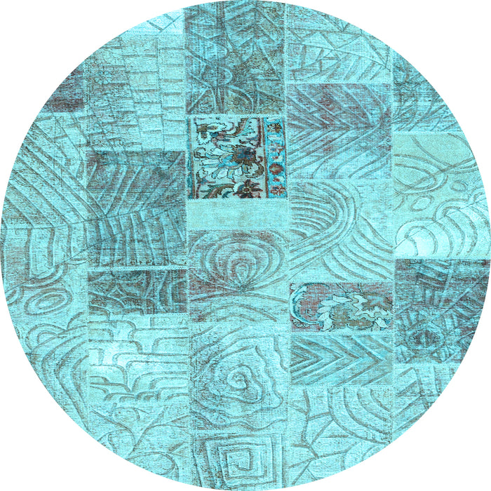 Round Machine Washable Patchwork Light Blue Transitional Rug, wshcon1890lblu