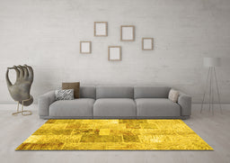 Machine Washable Patchwork Yellow Transitional Rug in a Living Room, wshcon1890yw