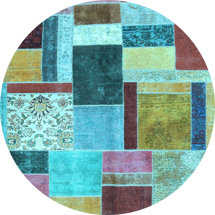 Round Machine Washable Patchwork Light Blue Transitional Rug, wshcon1891lblu