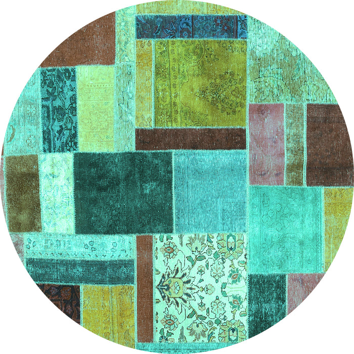 Round Machine Washable Patchwork Turquoise Transitional Area Rugs, wshcon1891turq
