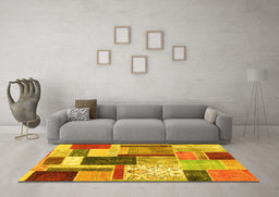 Machine Washable Patchwork Yellow Transitional Rug in a Living Room, wshcon1891yw
