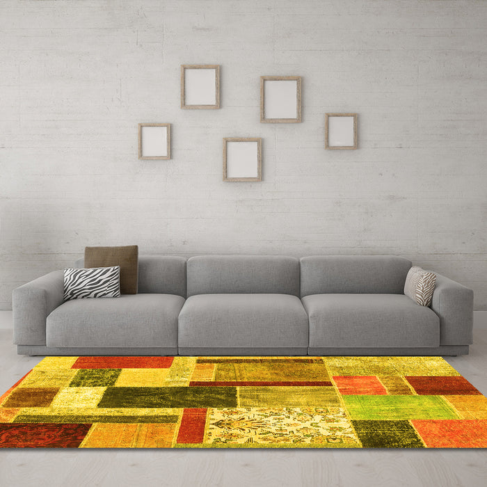 Machine Washable Patchwork Yellow Transitional Rug in a Living Room, wshcon1891yw