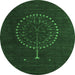 Round Machine Washable Abstract Emerald Green Contemporary Area Rugs, wshcon1902emgrn