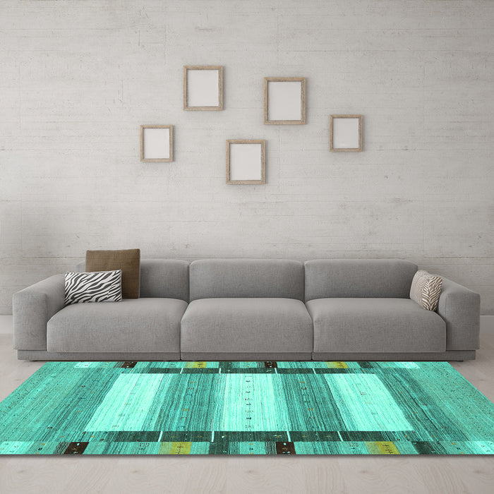 Machine Washable Abstract Turquoise Contemporary Area Rugs in a Living Room,, wshcon1913turq