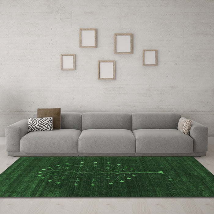 Machine Washable Abstract Emerald Green Contemporary Area Rugs in a Living Room,, wshcon1926emgrn