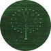 Round Machine Washable Abstract Emerald Green Contemporary Area Rugs, wshcon1926emgrn