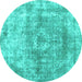 Round Machine Washable Abstract Turquoise Contemporary Area Rugs, wshcon1933turq