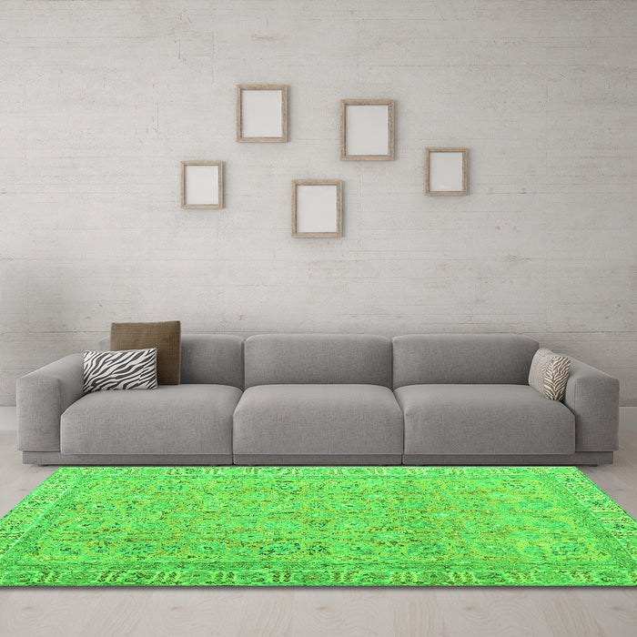Machine Washable Abstract Green Contemporary Area Rugs in a Living Room,, wshcon1936grn