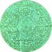 Round Machine Washable Abstract Turquoise Contemporary Area Rugs, wshcon1937turq