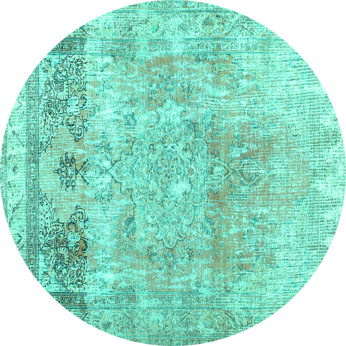 Round Machine Washable Abstract Turquoise Contemporary Area Rugs, wshcon1938turq