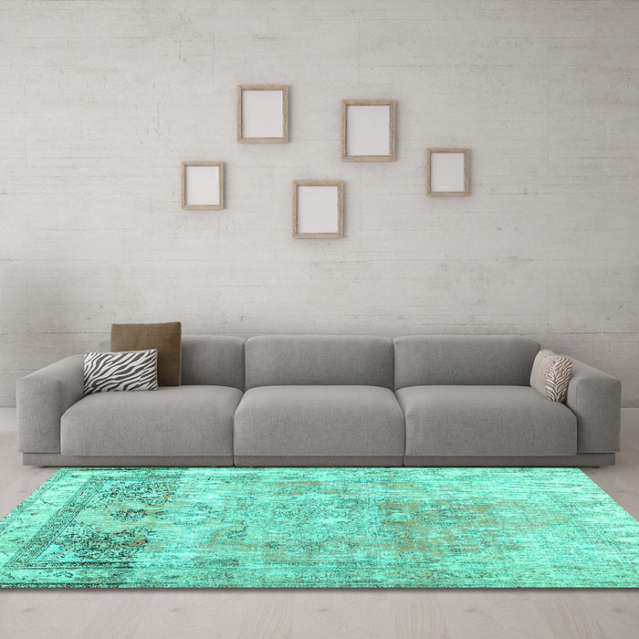 Machine Washable Abstract Turquoise Contemporary Area Rugs in a Living Room,, wshcon1938turq
