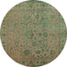 Round Machine Washable Abstract Turquoise Contemporary Area Rugs, wshcon1939turq