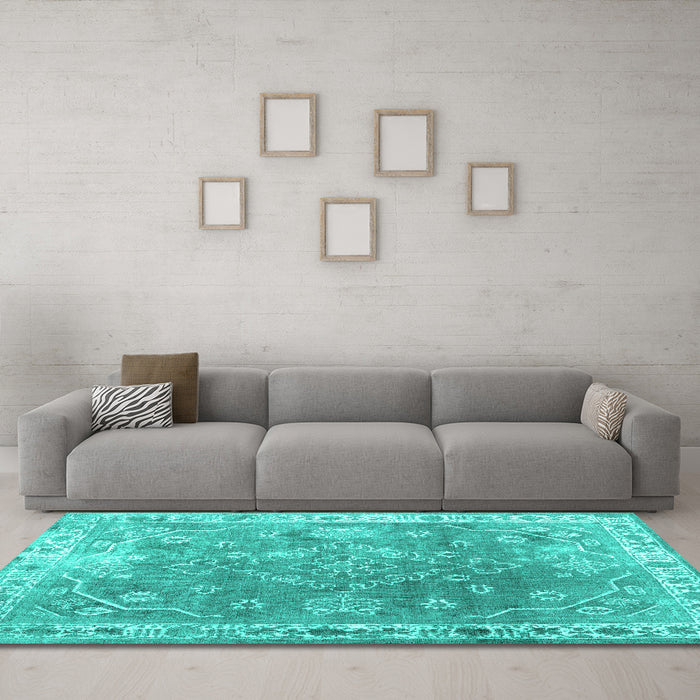 Machine Washable Abstract Turquoise Contemporary Area Rugs in a Living Room,, wshcon1940turq