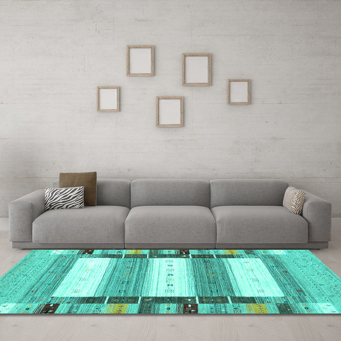 Machine Washable Abstract Turquoise Contemporary Area Rugs in a Living Room,, wshcon1964turq