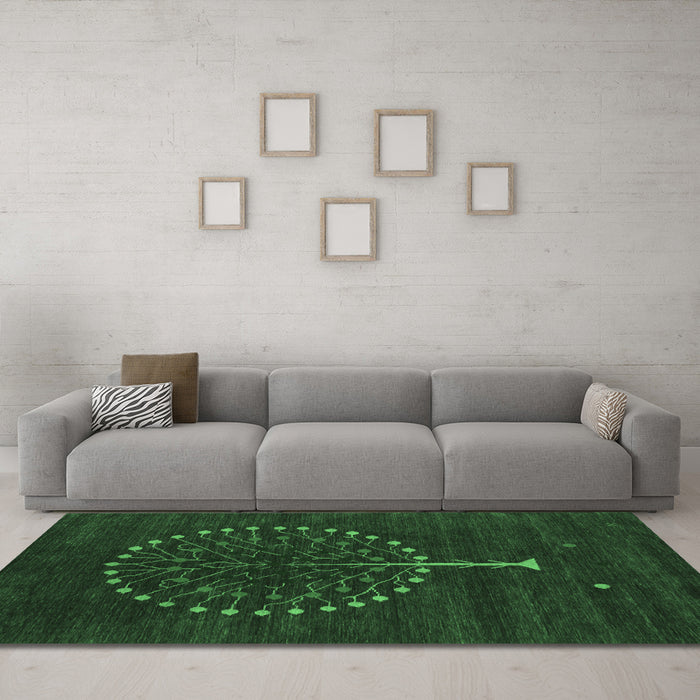 Machine Washable Abstract Emerald Green Contemporary Area Rugs in a Living Room,, wshcon1966emgrn