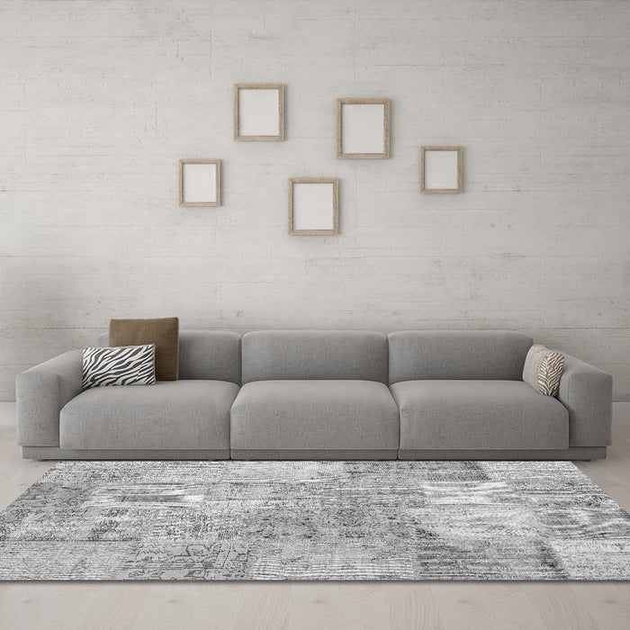 Machine Washable Patchwork Gray Transitional Rug in a Living Room,, wshcon1976gry