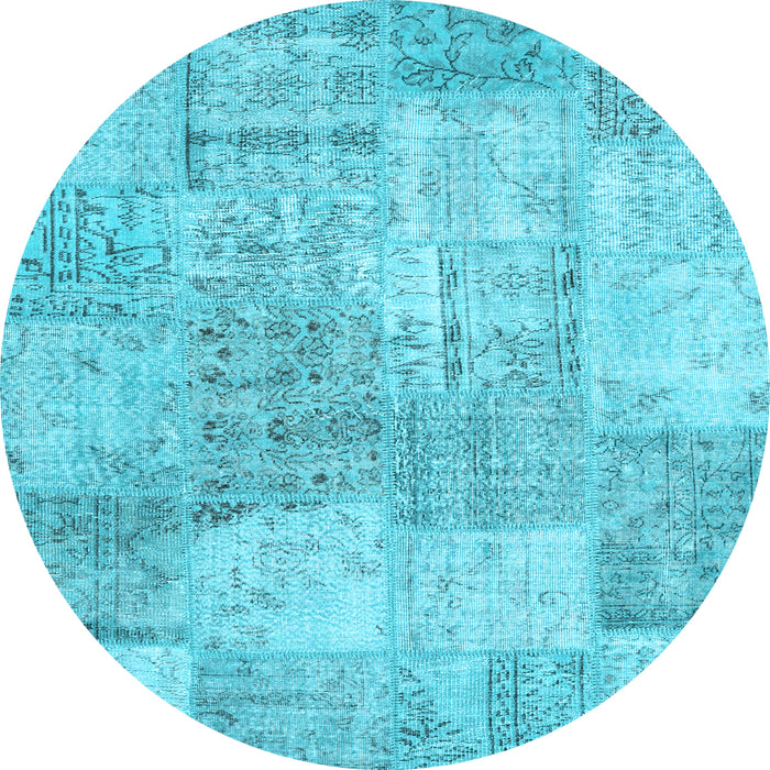 Round Machine Washable Patchwork Light Blue Transitional Rug, wshcon1976lblu