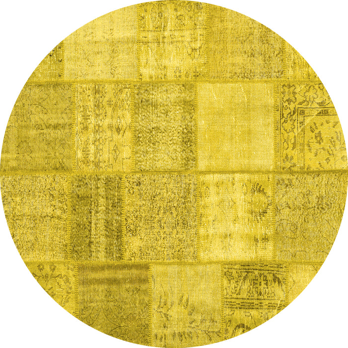 Round Machine Washable Patchwork Yellow Transitional Rug, wshcon1977yw