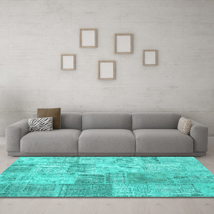 Machine Washable Patchwork Turquoise Transitional Area Rugs in a Living Room,, wshcon1979turq