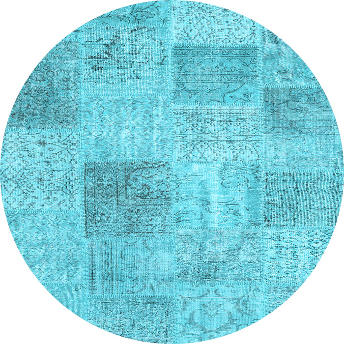 Round Machine Washable Patchwork Light Blue Transitional Rug, wshcon1980lblu
