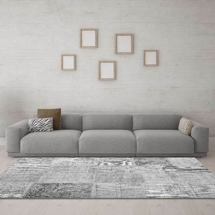 Machine Washable Patchwork Gray Transitional Rug in a Living Room,, wshcon1984gry