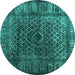 Round Machine Washable Abstract Turquoise Contemporary Area Rugs, wshcon1986turq