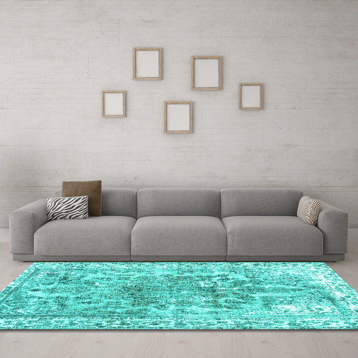 Machine Washable Abstract Turquoise Contemporary Area Rugs in a Living Room,, wshcon1988turq