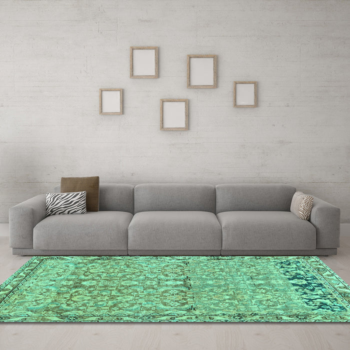 Machine Washable Abstract Turquoise Contemporary Area Rugs in a Living Room,, wshcon1990turq