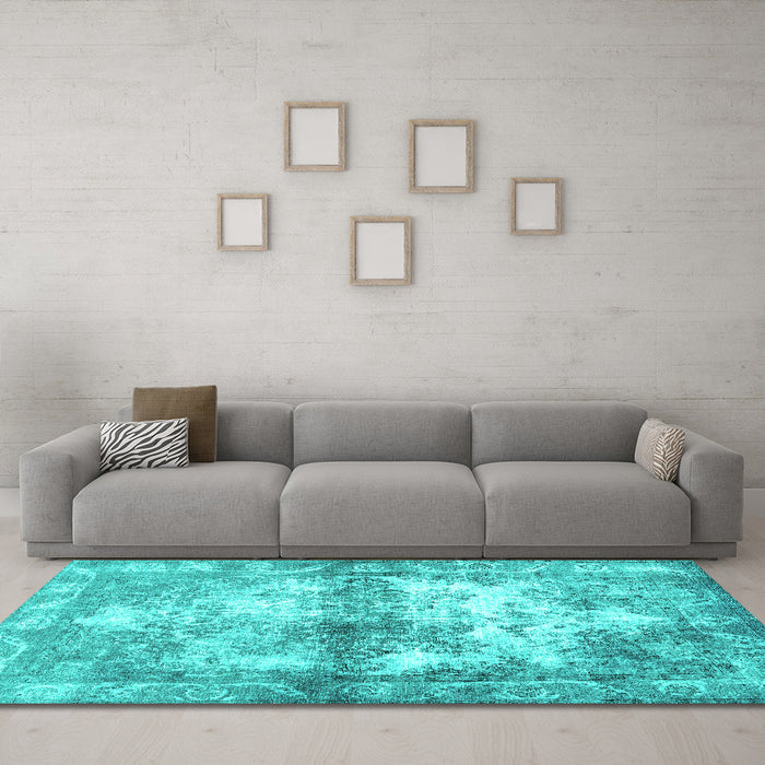Machine Washable Abstract Turquoise Contemporary Area Rugs in a Living Room,, wshcon1994turq