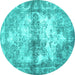 Round Machine Washable Abstract Turquoise Contemporary Area Rugs, wshcon1994turq