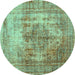 Round Abstract Turquoise Contemporary Rug, con1995turq