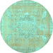 Round Machine Washable Abstract Turquoise Contemporary Area Rugs, wshcon1996turq