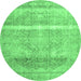 Round Machine Washable Abstract Emerald Green Contemporary Area Rugs, wshcon2000emgrn