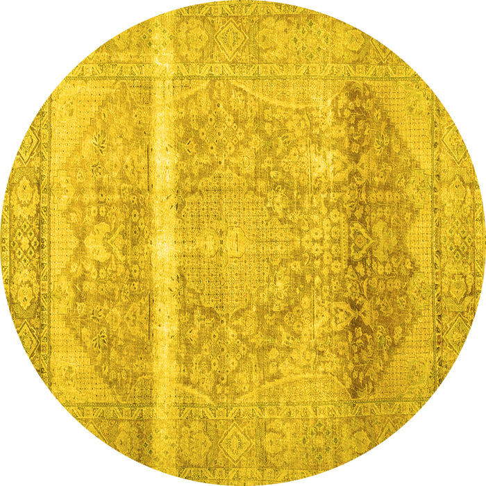 Round Machine Washable Abstract Yellow Contemporary Rug, wshcon2000yw