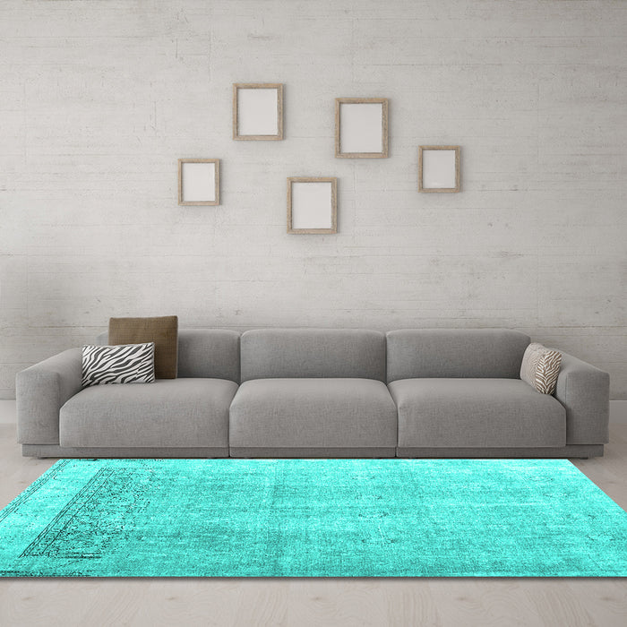 Machine Washable Abstract Turquoise Contemporary Area Rugs in a Living Room,, wshcon2002turq