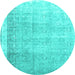 Round Machine Washable Abstract Turquoise Contemporary Area Rugs, wshcon2002turq