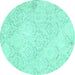 Round Machine Washable Abstract Turquoise Contemporary Area Rugs, wshcon2003turq