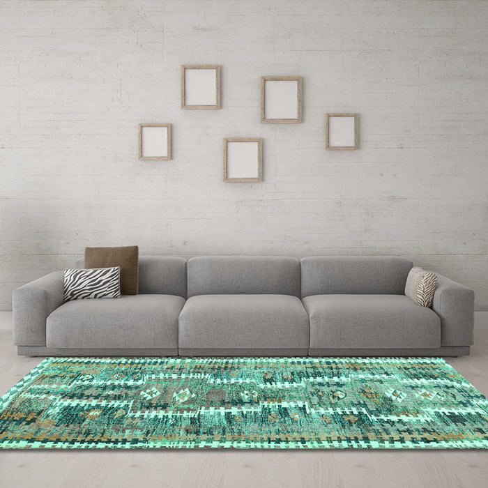 Machine Washable Southwestern Turquoise Country Area Rugs in a Living Room,, wshcon2017turq