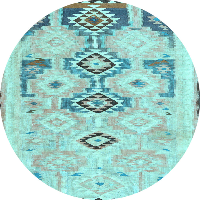 Round Machine Washable Southwestern Light Blue Country Rug, wshcon2019lblu